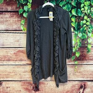 INC Moa Moa Ruffle Front Cardigan Sweater Medium Gray Pockets Workwear Stretchy